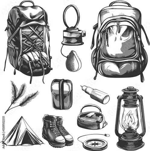 Set of Hiking Silhouettes with Backpacks and Walking Sticks on White Background