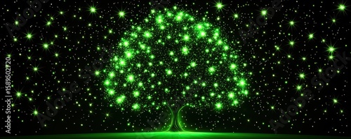 Sparkling Green Tree Design Amidst a Starry Night Background