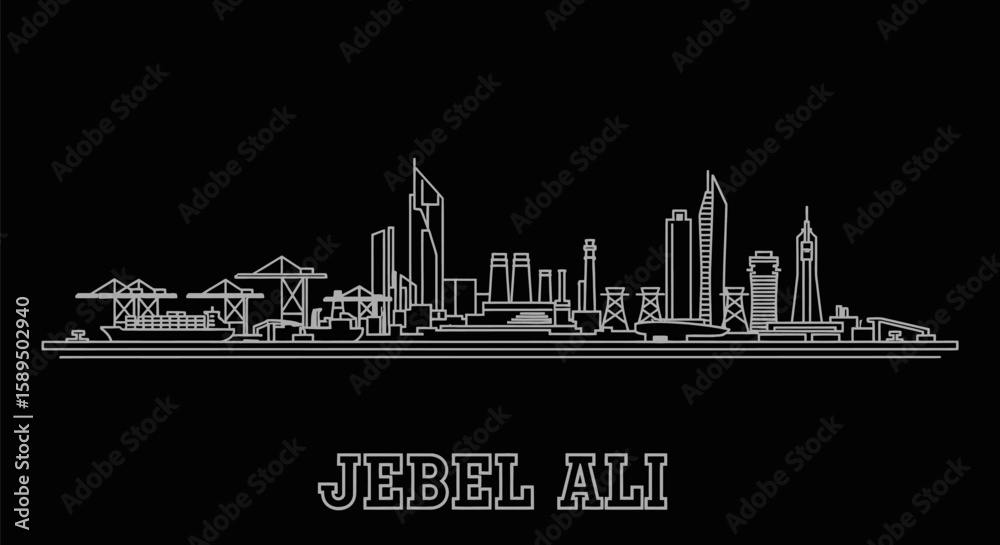 Fototapeta premium Minimalist Jabal Ali Skyline White Outline on Black Background.