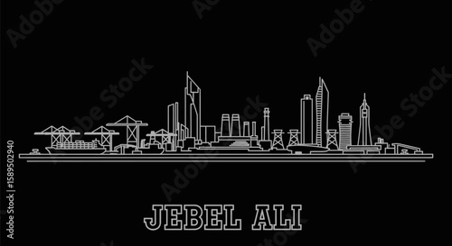 Minimalist Jabal Ali Skyline White Outline on Black Background.