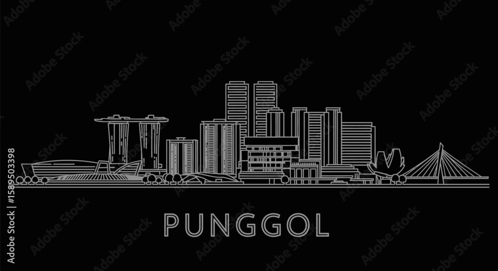 Naklejka premium Punggol with Singapore Skyline Line Art, and Architecture on Black.
