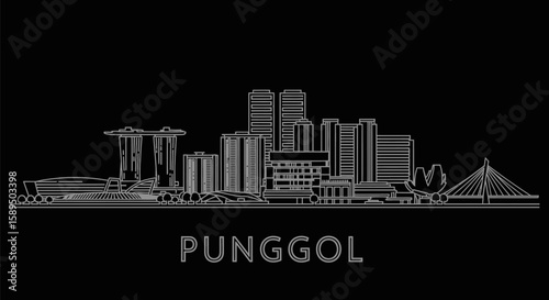 Punggol with Singapore Skyline Line Art, and Architecture on Black.