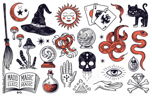 Boho Magic Elements, Astrological Symbols, Alchemical Sketches, Palmistry Graphics, Skulls, Game Cards, and Black Cat Icons for Tattoo or Design Use 