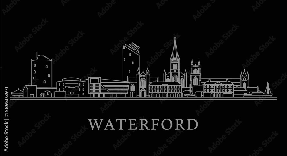 Naklejka premium Waterford Ireland Skyline Outline with Minimalist, and Black Background.