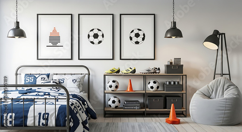 Modern boy's bedroom decorated with soccer-themed artwork and accessories.
