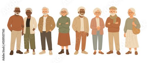 Set of multiracial diverse seniors wearing stylish outfits and accessories shows off their unique fashion choices. African american black elderly people in casual clothing. Vector flat illustration