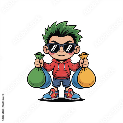 Cartoon boy with green spiky hair wearing sunglasses and holding money bags vector