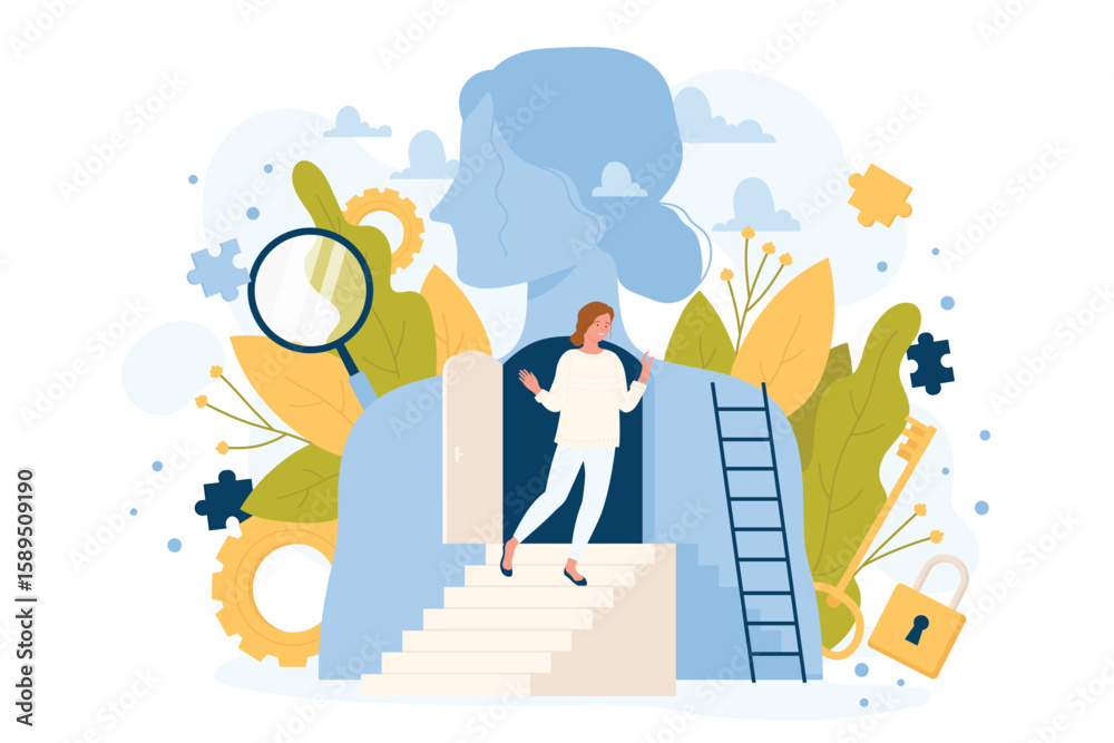 Obraz premium Freedom and mental health for development, progress in work and communication. Cartoon woman standing near open door inside abstract personality flat vector illustration. Psychology, success concept