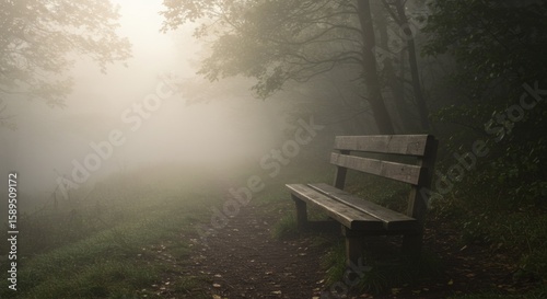 Wooden Bench in a Foggy Forest Path