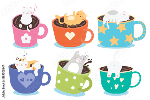 Cute cats relax in coffee or tea cups set vector illustration. Cartoon funny adorable animals sleeping in mugs, kitten characters floating in mug isolated on blue background. Good morning concept