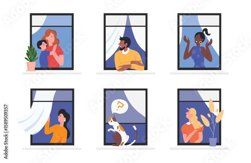 Good communication and friendship of neighbors. Cartoon different people stay home, young man and woman, kid and cat look from open windows of house flat vector illustration. Neighborhood concept