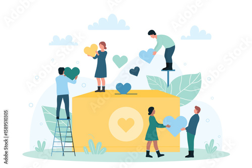 Charity, support and help from community. Cartoon tiny people hold hearts near donation box, group of volunteers give money and assistance flat vector illustration. Awareness, fund, solidarity concept