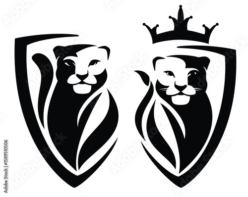 snow leopard and beautiful lioness head in simple heraldic shield decorated with royal crown - black and white vector design for wild big cat coat of arms