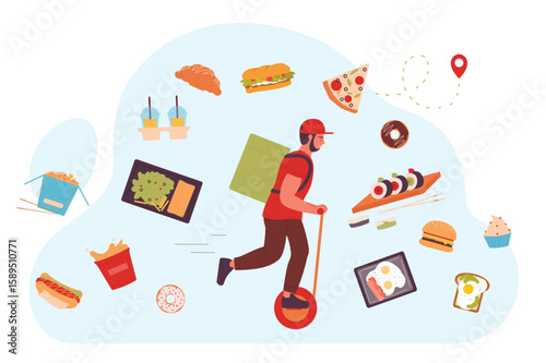 Fast express delivery of food, orders from cafe or restaurant. Cartoon vector tiny boy courier riding self balancing scooter with package deliveryman shipping goods and meals. Delivery service concept