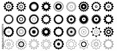gear icon vector set, black cogwheel shapes, mechanical gears, engineering symbols, industrial machinery elements, sprocket designs, and abstract gearwheel graphics
