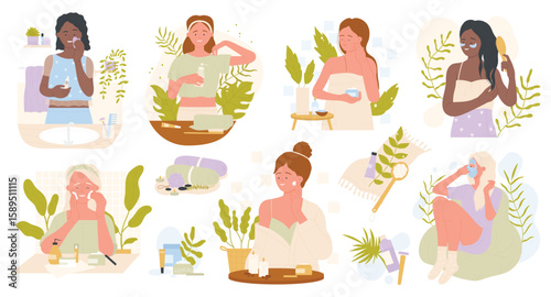Home spa treatments and facial skin care set vector illustration. Cartoon pretty girls using cosmetic products, mask, lotion, cream and cleansers isolated. Testing cosmetics blog, reviews, influencer.