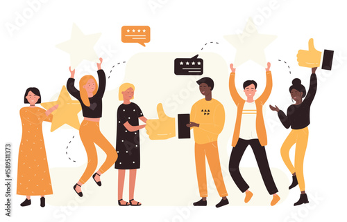 Customers choice and feedback service. Cartoon team of tiny people holding rating stars and thumbs up gesture approving stickers, giving support flat vector illustration. Digital marketing concept