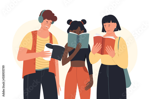 Group of students standing with open paper books and textbooks to prepare to exam or test in university or college vector illustration. Cartoon friends read and learn isolated on white. Study concept