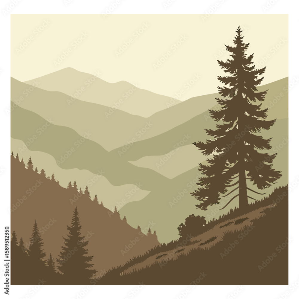 Fototapeta premium Vector illustration of mountain landscape with pine trees