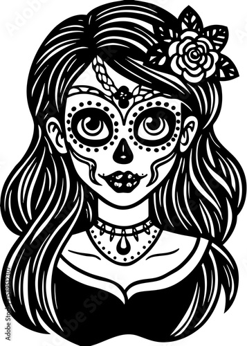 Halloween Sugar Skull Girl Coloring Page Vector Art with Intricate Floral Patterns for Day of the Dead Activities Generative AI