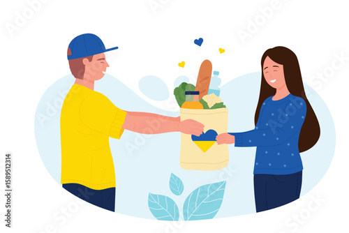 Volunteer giving paper bag with food and heart in yellow blue national colors of Ukrainian flag to woman. Charity support for citizens of Ukraine flat vector illustration. Donation, help concept