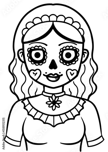 Halloween Sugar Skull Girl Coloring Page Vector Art with Intricate Floral Patterns for Day of the Dead Activities Generative AI