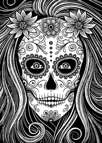 Halloween Sugar Skull Girl Coloring Page Vector Art with Intricate Floral Patterns for Day of the Dead Activities Generative AI