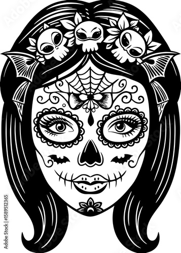 Halloween Sugar Skull Girl Coloring Page Vector Art with Intricate Floral Patterns for Day of the Dead Activities Generative AI