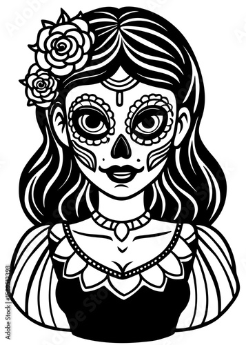 Halloween Sugar Skull Girl Coloring Page Vector Art with Intricate Floral Patterns for Day of the Dead Activities Generative AI