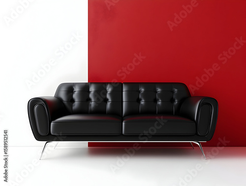 3D render of a modern black leather sofa on a red and white background3D render of a modern black leather sofa on a red and white background