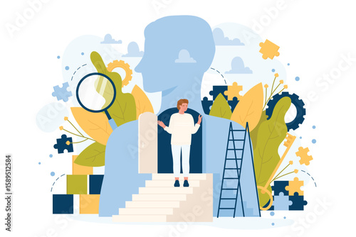 Open mind for future career, communication, business growth and success progress. Cartoon man standing on ladder to open door inside human silhouette flat vector illustration. Mental health concept