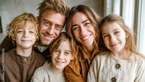 A heartwarming family portrait capturing parents and their three smiling children in a cozy and loving embrace, radiating happiness and affection.