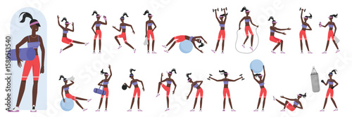 Cartoon active woman doing healthy aerobic exercises or pilates in gym, stretch training. African american black female active sport trainer poses set in front, side and back view vector illustration.