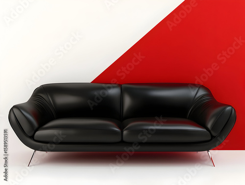 3D render of a modern black leather sofa on a red and white background3D render of a modern black leather sofa on a red and white background