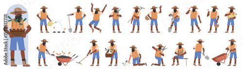 African american black farm worker in different poses set vector illustration. Cartoon old man working garden equipment in front, side back view, elderly farmer holding shovel and rake, wheelbarrow