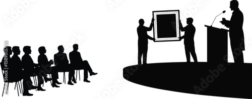 A black silhouette of an award ceremony or auction, with a speaker at a podium on stage presenting a framed object to a seated audience.
