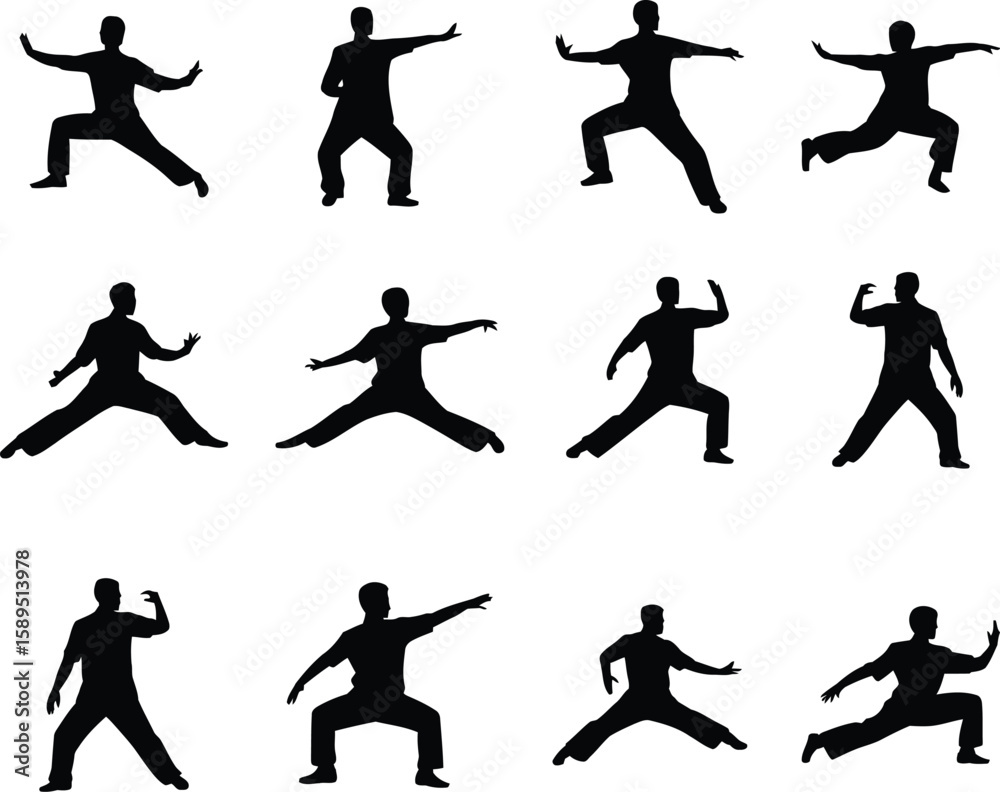 Obraz premium A set of black silhouettes illustrating various martial arts stances and movements. Twelve figures of a person practicing slow, deliberate forms for exercise, balance, and meditation. 