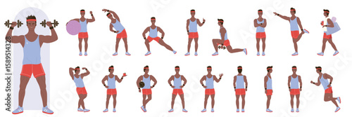 Cartoon man fitness instructor training, showing physical exercises with dumbbells. African american black Personal sport trainer poses in front, side and back view, workout set vector illustration