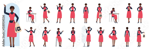 African american black young stylish woman poses set vector illustration. Cartoon fashionable lady blonde standing in heels, front view, back and side, beautiful girl holding shopping bag and walking