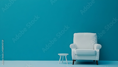 Photo of a white armchair and small side table against a blue wall background