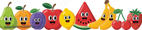 A horizontal banner with a group of cute and happy cartoon fruit characters. A colorful collection of fresh food mascots, including apple, pear, banana, and strawberry.
