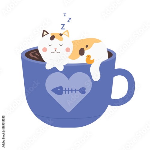 Coffee cat poster. Adorable kitten sleep in catpuccino coffee cup vector concept isolated in white background