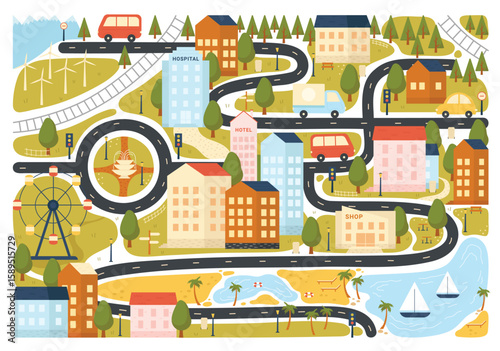 Cute city map vector illustration. Cartoon town or village plan with infrastructure, roads with transport and buildings, skyscraper of shop, hotel and hospital in fun baby landscape background