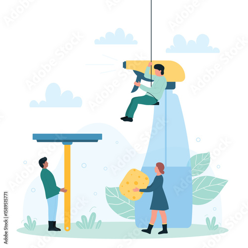 Service for cleaning of office or home apartment glass windows. Cartoon professional tiny janitors work with squeegee, sponge and spray cleanser from bottle flat vector illustration. Hygiene concept