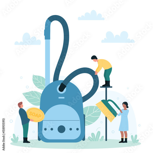 Home or office, janitorial cleaning service with tiny staff. Cartoon people holding soap, washing brush, working with vacuum cleaner flat vector illustration. Cleanup, housework, hygiene concept