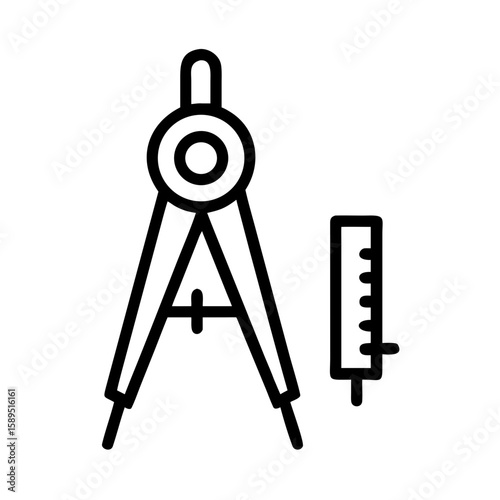 Compass and ruler as engineering symbols for design and precision, minimalistic black line drawing