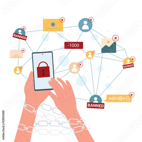 Users hands shackled chain holding mobile phone with network access block. Cartoon person with blocked account in social media, online content restriction flat vector illustration. Censorship concept