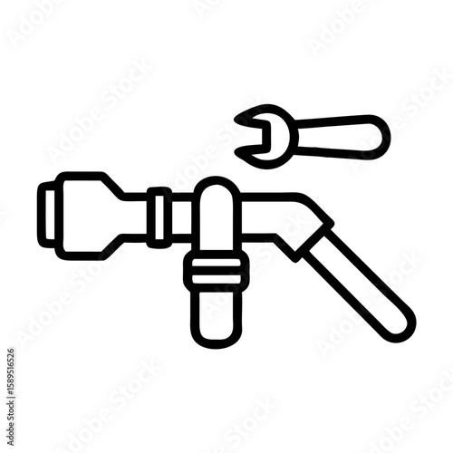 Wrench and faucet for plumbing and repairs, minimalistic black line drawing