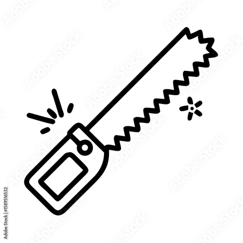 Saw with metal sparks for woodworking and cutting, minimalistic black line drawing