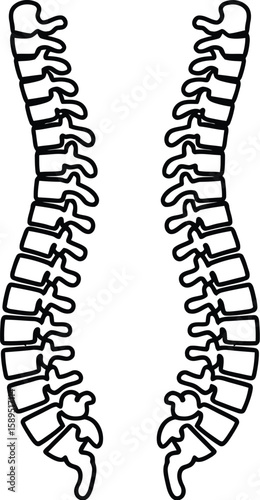 A black and white line art illustration of the human spine, side view of the vertebral column for anatomy and medical concepts.
